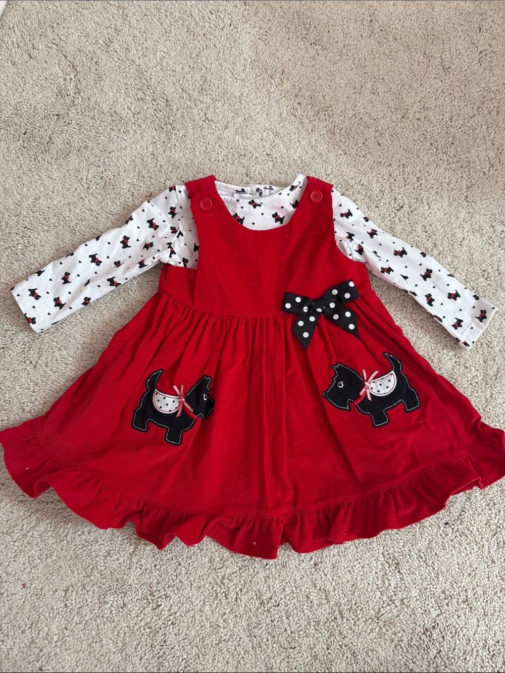 Good Lad Red Corduroy Pinafore Dress with Scottie Dog Accents and Polka Dot Bow